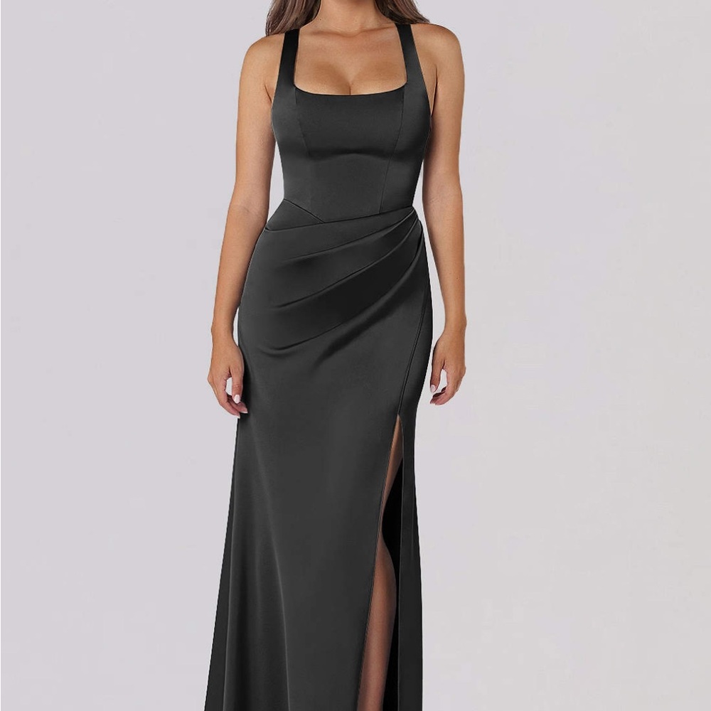 Azazie Black Mero Stretch Black Sheath Pleated Satin Dress